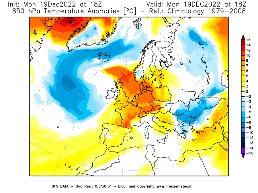 Mappa di analisi GFS - Anomalia Temperatura [°C] a 850 hPa in Europa
							del 19/12/2022 18 <!--googleoff: index-->UTC<!--googleon: index-->