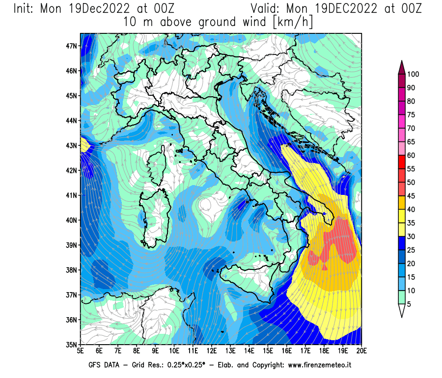 Mappa di analisi GFS - Velocità del vento a 10 metri dal suolo [km/h] in Italia
							del 19/12/2022 00 <!--googleoff: index-->UTC<!--googleon: index-->