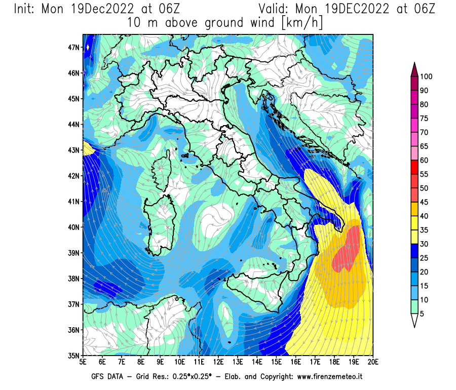 Mappa di analisi GFS - Velocità del vento a 10 metri dal suolo [km/h] in Italia
							del 19/12/2022 06 <!--googleoff: index-->UTC<!--googleon: index-->