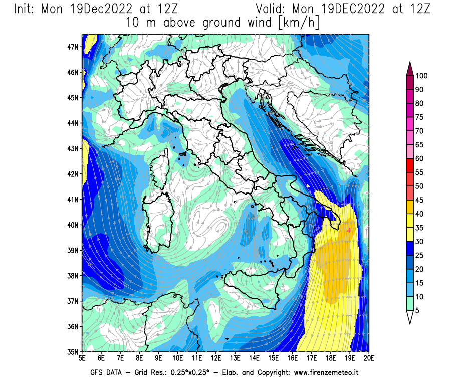 Mappa di analisi GFS - Velocità del vento a 10 metri dal suolo [km/h] in Italia
							del 19/12/2022 12 <!--googleoff: index-->UTC<!--googleon: index-->