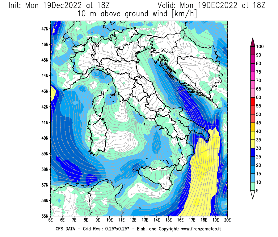 Mappa di analisi GFS - Velocità del vento a 10 metri dal suolo [km/h] in Italia
							del 19/12/2022 18 <!--googleoff: index-->UTC<!--googleon: index-->