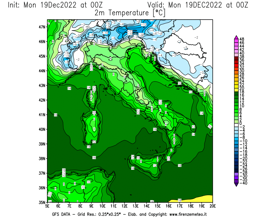 Mappa di analisi GFS - Temperatura a 2 metri dal suolo [°C] in Italia
							del 19/12/2022 00 <!--googleoff: index-->UTC<!--googleon: index-->