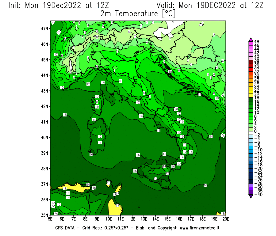 Mappa di analisi GFS - Temperatura a 2 metri dal suolo [°C] in Italia
							del 19/12/2022 12 <!--googleoff: index-->UTC<!--googleon: index-->