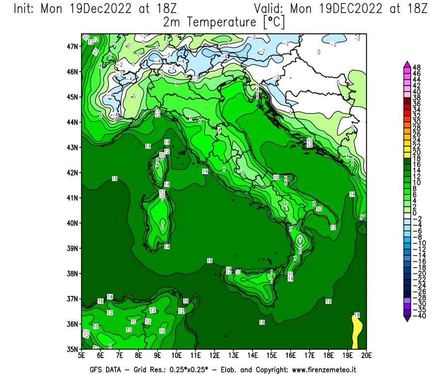 Mappa di analisi GFS - Temperatura a 2 metri dal suolo [°C] in Italia
							del 19/12/2022 18 <!--googleoff: index-->UTC<!--googleon: index-->