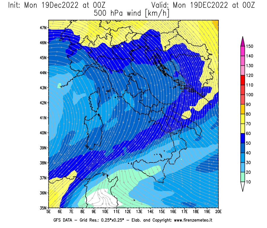Mappa di analisi GFS - Velocità del vento a 500 hPa [km/h] in Italia
							del 19/12/2022 00 <!--googleoff: index-->UTC<!--googleon: index-->