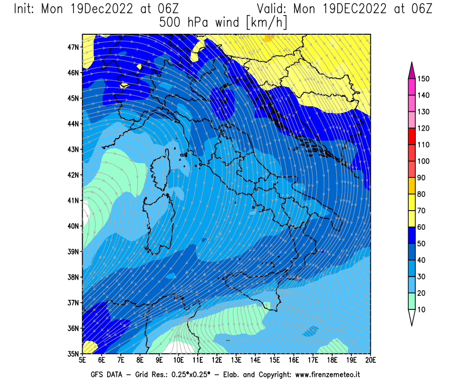 Mappa di analisi GFS - Velocità del vento a 500 hPa [km/h] in Italia
							del 19/12/2022 06 <!--googleoff: index-->UTC<!--googleon: index-->