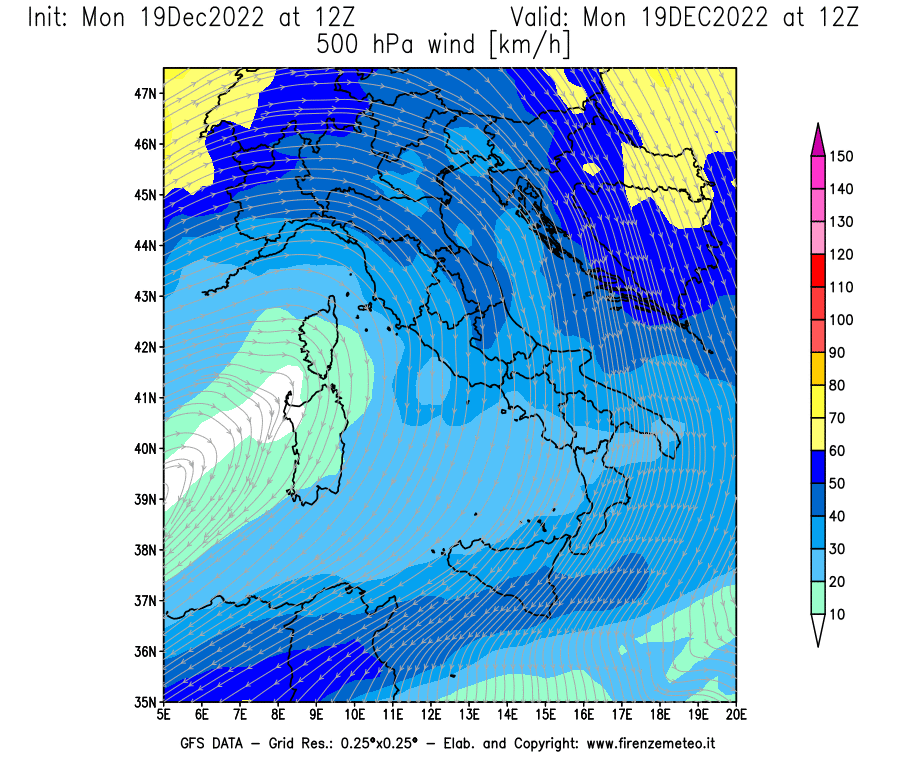 Mappa di analisi GFS - Velocità del vento a 500 hPa [km/h] in Italia
							del 19/12/2022 12 <!--googleoff: index-->UTC<!--googleon: index-->