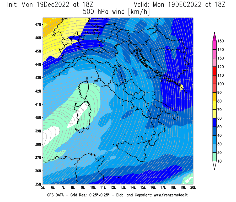 Mappa di analisi GFS - Velocità del vento a 500 hPa [km/h] in Italia
							del 19/12/2022 18 <!--googleoff: index-->UTC<!--googleon: index-->