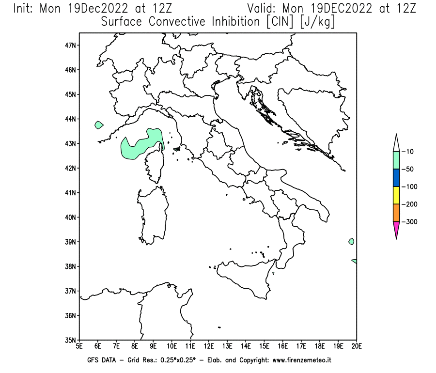 Mappa di analisi GFS - CIN [J/kg] in Italia
							del 19/12/2022 12 <!--googleoff: index-->UTC<!--googleon: index-->