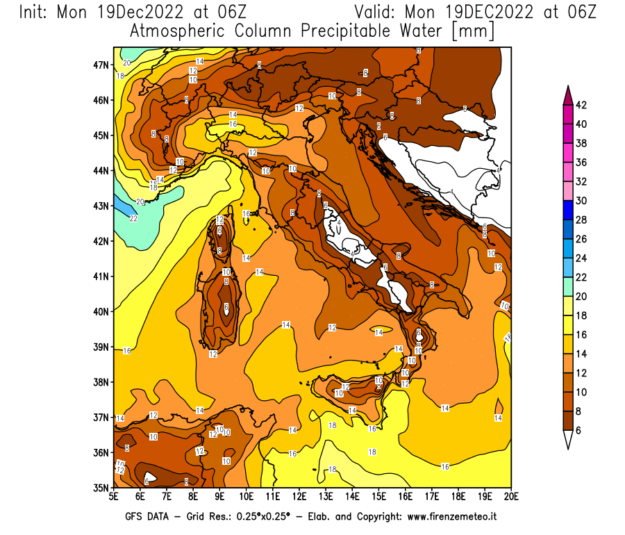 Mappa di analisi GFS - Precipitable Water [mm] in Italia
							del 19/12/2022 06 <!--googleoff: index-->UTC<!--googleon: index-->