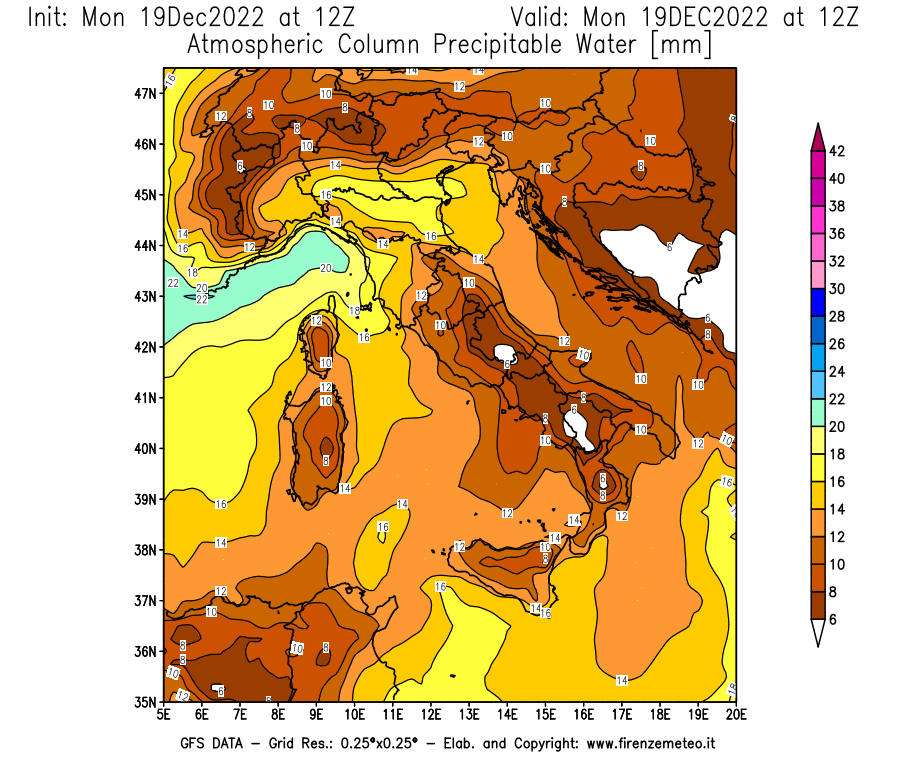 Mappa di analisi GFS - Precipitable Water [mm] in Italia
							del 19/12/2022 12 <!--googleoff: index-->UTC<!--googleon: index-->