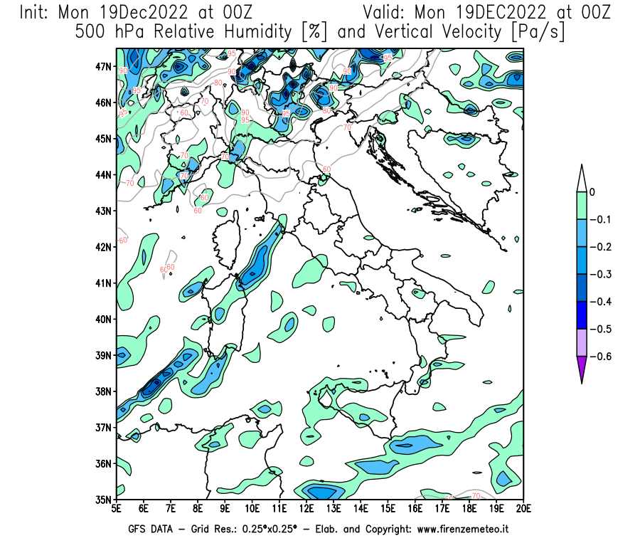 Mappa di analisi GFS - Umidità relativa [%] e Omega [Pa/s] a 500 hPa in Italia
							del 19/12/2022 00 <!--googleoff: index-->UTC<!--googleon: index-->