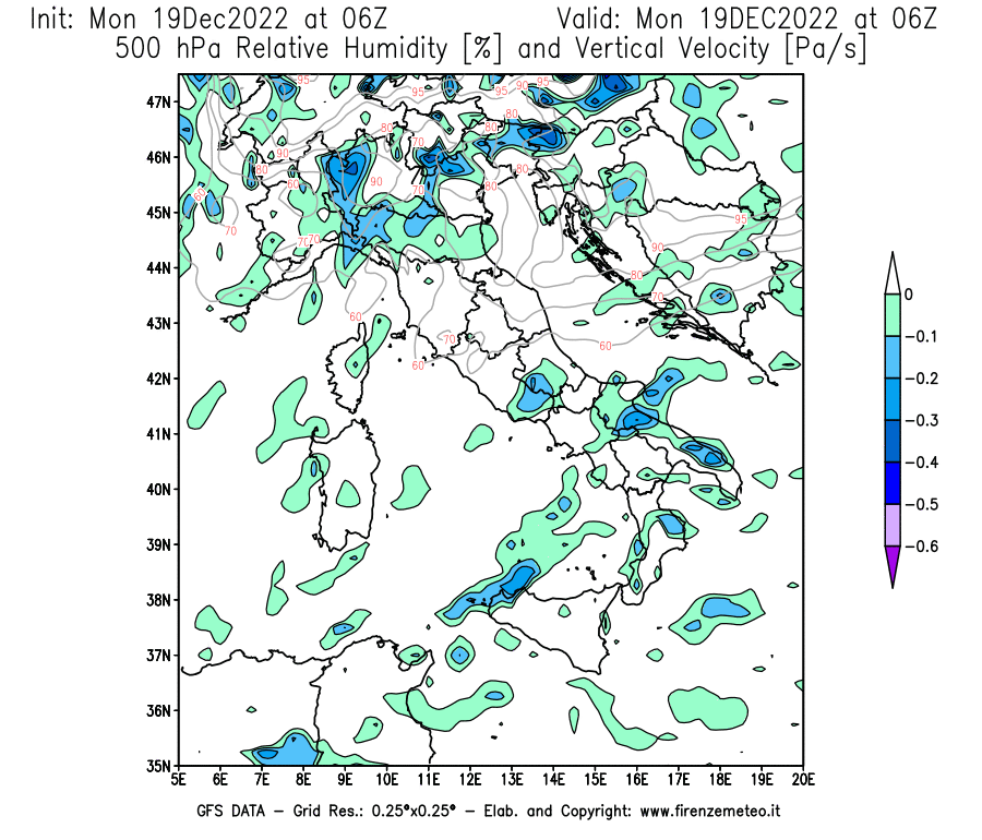 Mappa di analisi GFS - Umidità relativa [%] e Omega [Pa/s] a 500 hPa in Italia
							del 19/12/2022 06 <!--googleoff: index-->UTC<!--googleon: index-->