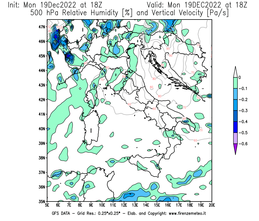 Mappa di analisi GFS - Umidità relativa [%] e Omega [Pa/s] a 500 hPa in Italia
							del 19/12/2022 18 <!--googleoff: index-->UTC<!--googleon: index-->