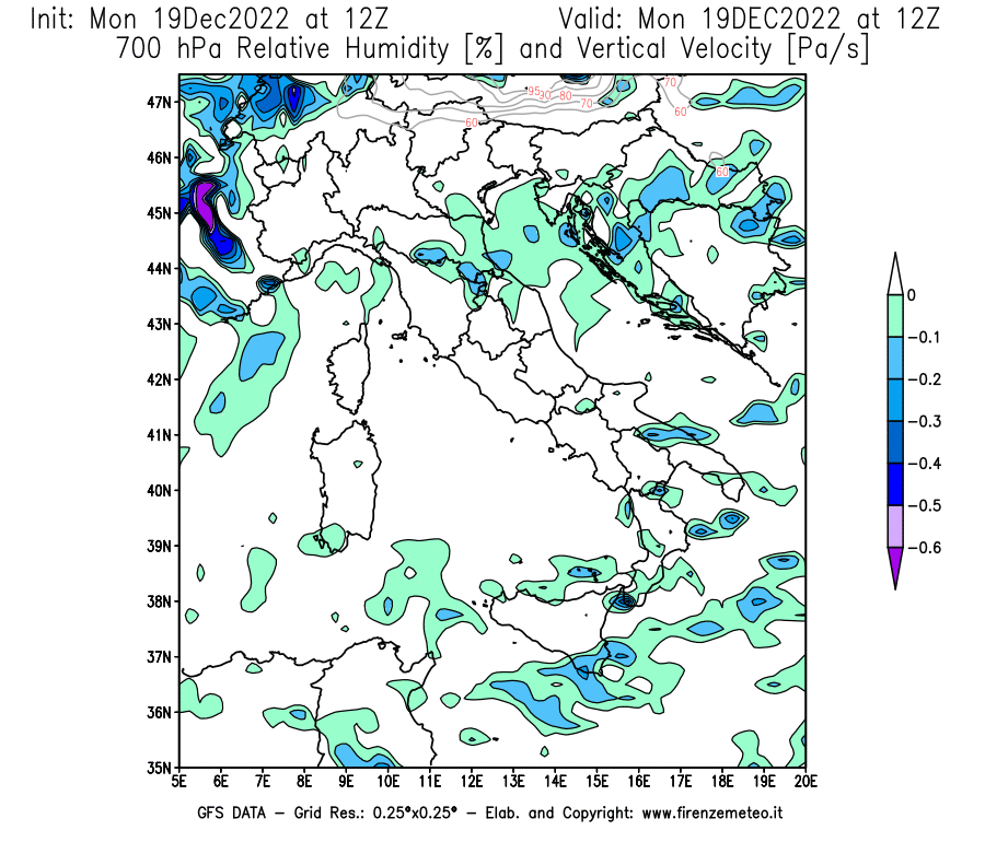 Mappa di analisi GFS - Umidità relativa [%] e Omega [Pa/s] a 700 hPa in Italia
							del 19/12/2022 12 <!--googleoff: index-->UTC<!--googleon: index-->