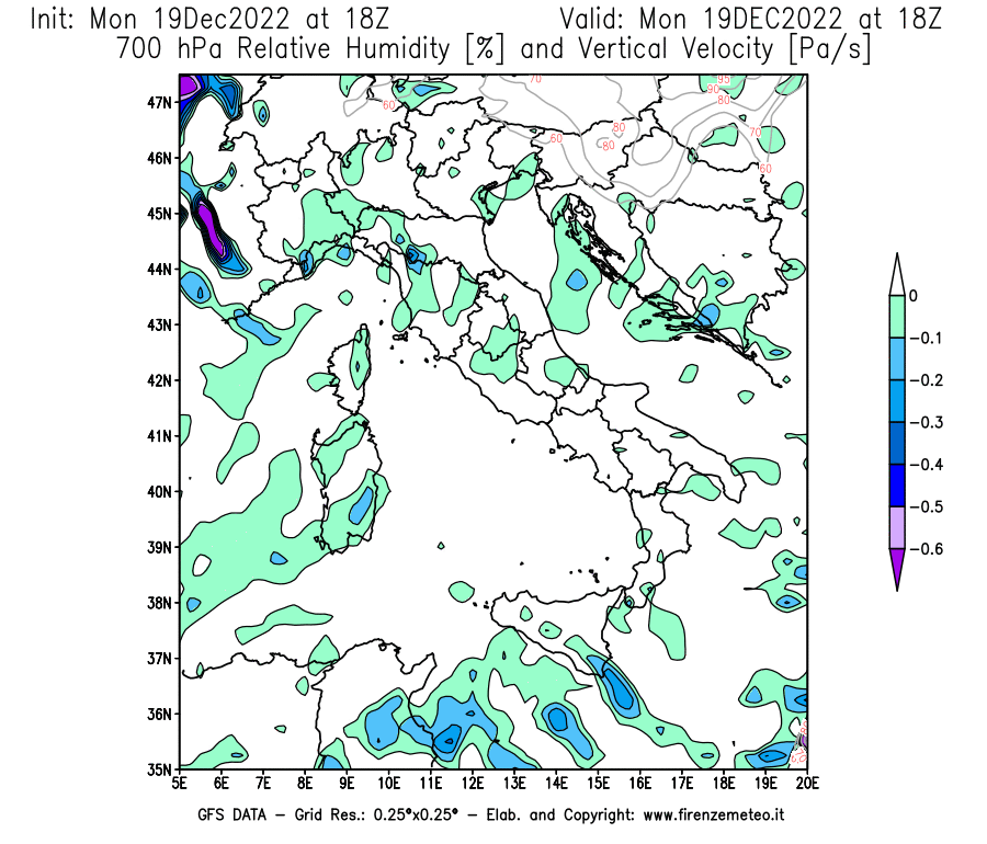 Mappa di analisi GFS - Umidità relativa [%] e Omega [Pa/s] a 700 hPa in Italia
							del 19/12/2022 18 <!--googleoff: index-->UTC<!--googleon: index-->