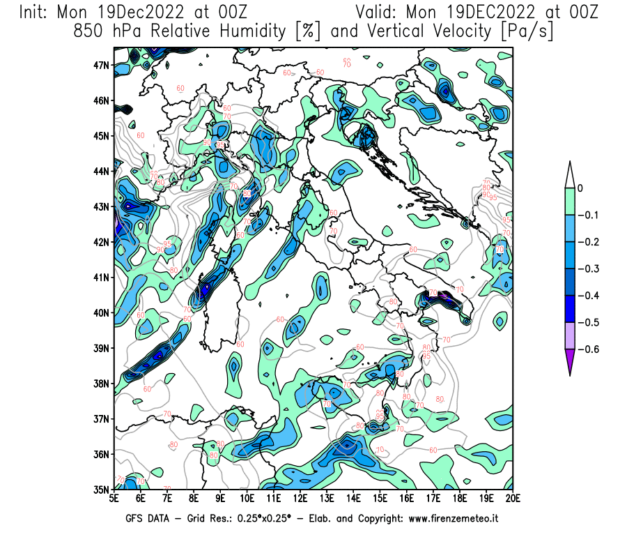 Mappa di analisi GFS - Umidità relativa [%] e Omega [Pa/s] a 850 hPa in Italia
							del 19/12/2022 00 <!--googleoff: index-->UTC<!--googleon: index-->