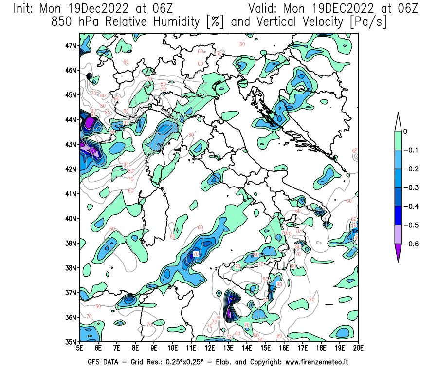 Mappa di analisi GFS - Umidità relativa [%] e Omega [Pa/s] a 850 hPa in Italia
							del 19/12/2022 06 <!--googleoff: index-->UTC<!--googleon: index-->