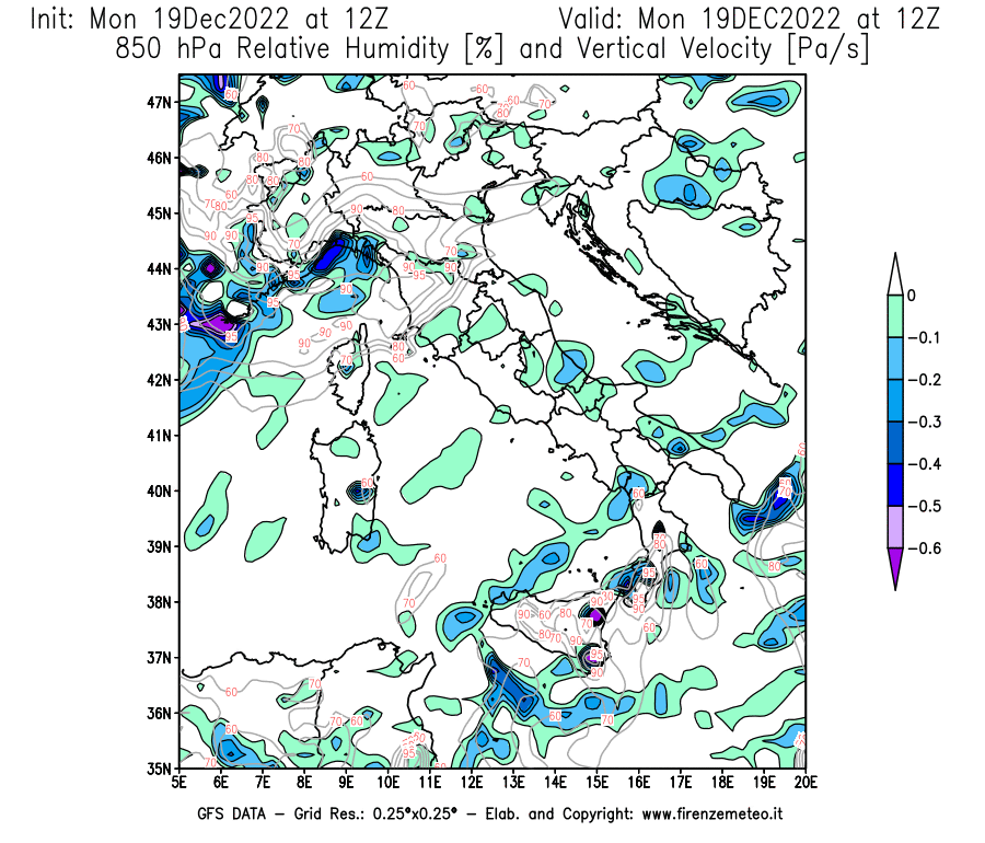 Mappa di analisi GFS - Umidità relativa [%] e Omega [Pa/s] a 850 hPa in Italia
							del 19/12/2022 12 <!--googleoff: index-->UTC<!--googleon: index-->