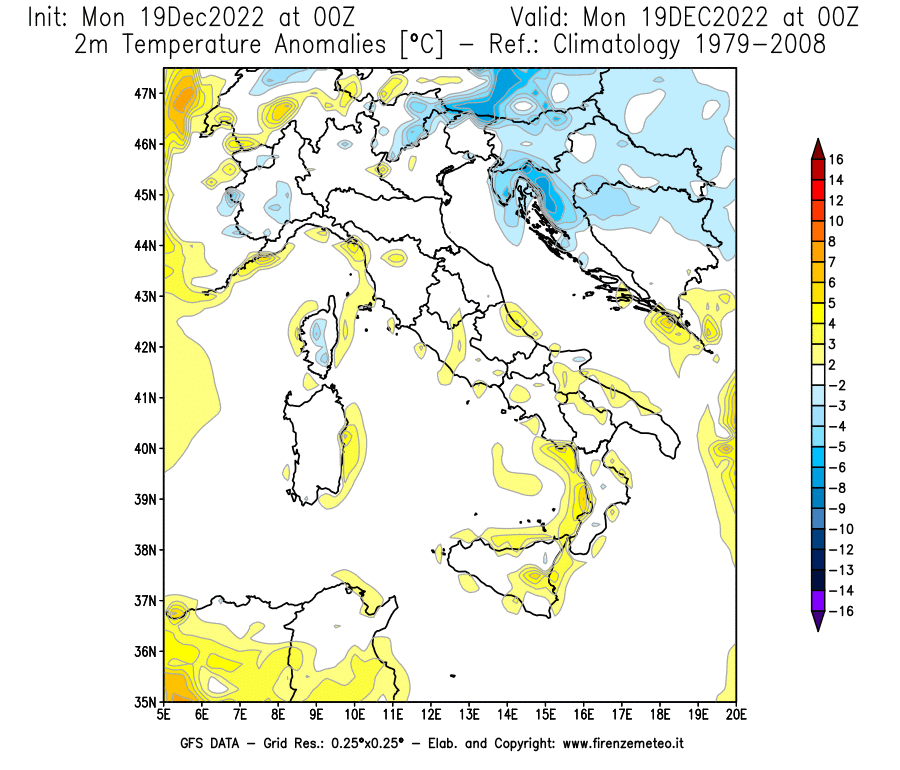 Mappa di analisi GFS - Anomalia Temperatura [°C] a 2 m in Italia
							del 19/12/2022 00 <!--googleoff: index-->UTC<!--googleon: index-->