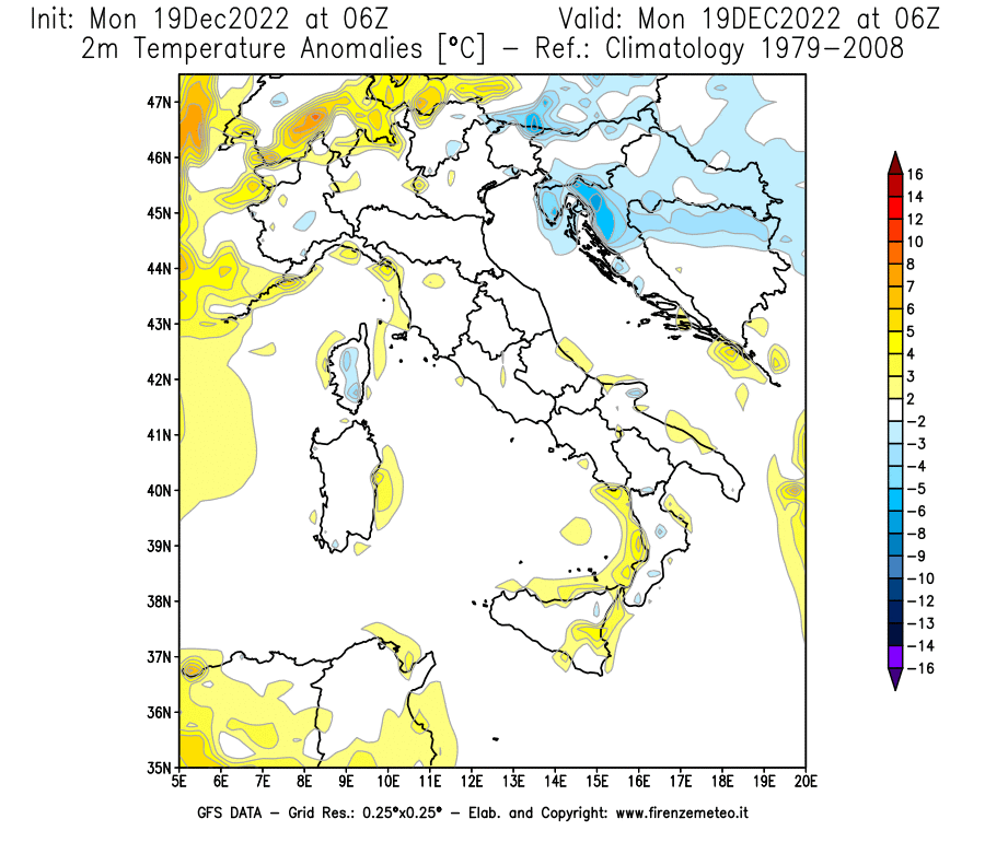 Mappa di analisi GFS - Anomalia Temperatura [°C] a 2 m in Italia
							del 19/12/2022 06 <!--googleoff: index-->UTC<!--googleon: index-->