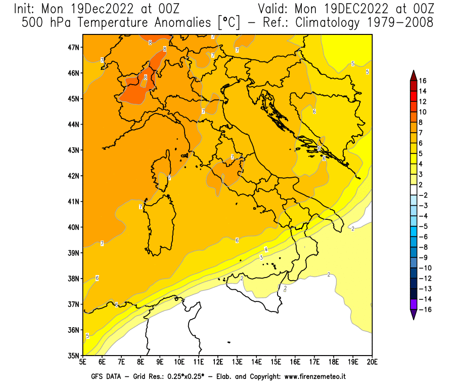 Mappa di analisi GFS - Anomalia Temperatura [°C] a 500 hPa in Italia
							del 19/12/2022 00 <!--googleoff: index-->UTC<!--googleon: index-->