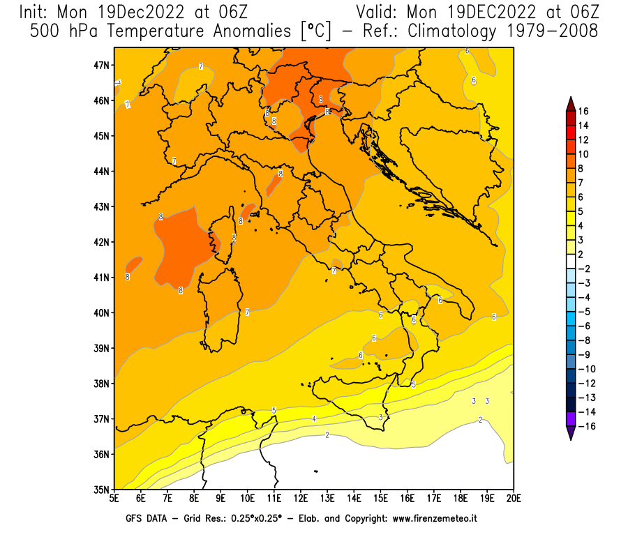 Mappa di analisi GFS - Anomalia Temperatura [°C] a 500 hPa in Italia
							del 19/12/2022 06 <!--googleoff: index-->UTC<!--googleon: index-->
