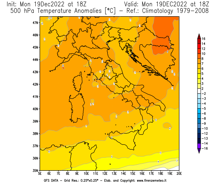 Mappa di analisi GFS - Anomalia Temperatura [°C] a 500 hPa in Italia
							del 19/12/2022 18 <!--googleoff: index-->UTC<!--googleon: index-->