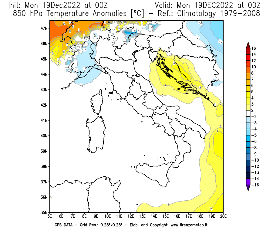 Mappa di analisi GFS - Anomalia Temperatura [°C] a 850 hPa in Italia
							del 19/12/2022 00 <!--googleoff: index-->UTC<!--googleon: index-->