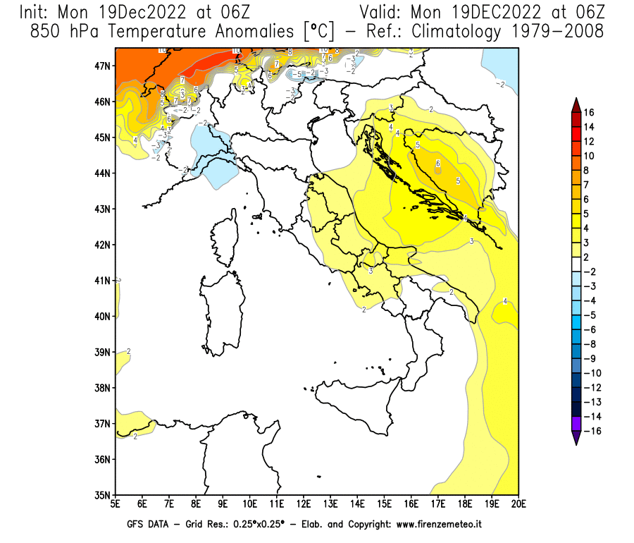 Mappa di analisi GFS - Anomalia Temperatura [°C] a 850 hPa in Italia
							del 19/12/2022 06 <!--googleoff: index-->UTC<!--googleon: index-->