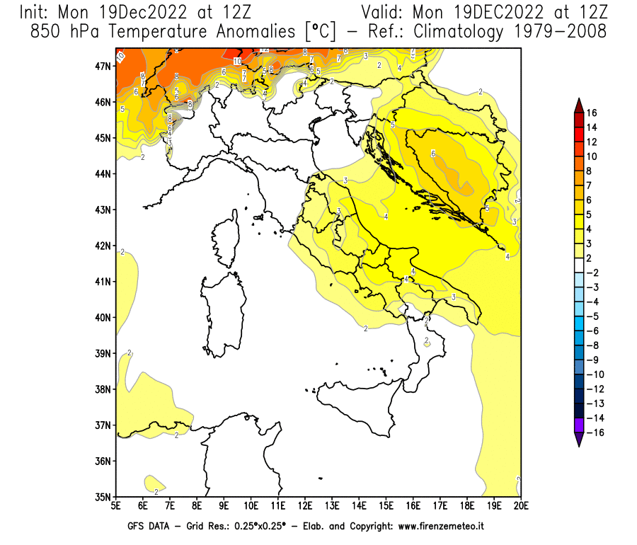 Mappa di analisi GFS - Anomalia Temperatura [°C] a 850 hPa in Italia
							del 19/12/2022 12 <!--googleoff: index-->UTC<!--googleon: index-->