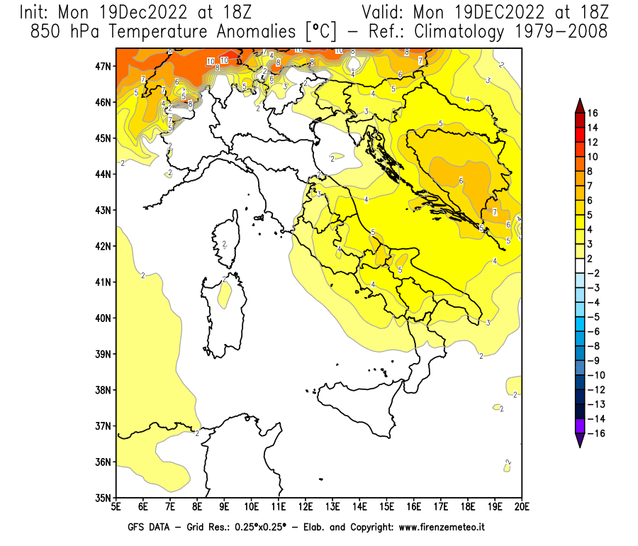 Mappa di analisi GFS - Anomalia Temperatura [°C] a 850 hPa in Italia
							del 19/12/2022 18 <!--googleoff: index-->UTC<!--googleon: index-->
