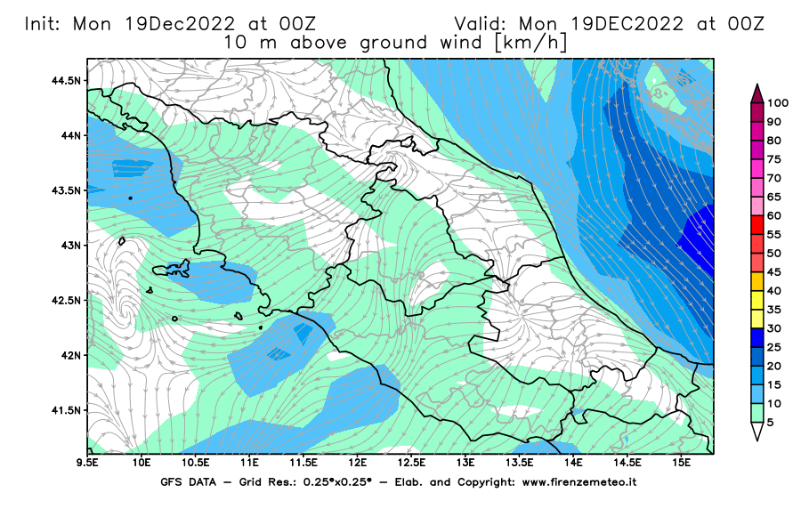 Mappa di analisi GFS - Velocità del vento a 10 metri dal suolo [km/h] in Centro-Italia
							del 19/12/2022 00 <!--googleoff: index-->UTC<!--googleon: index-->