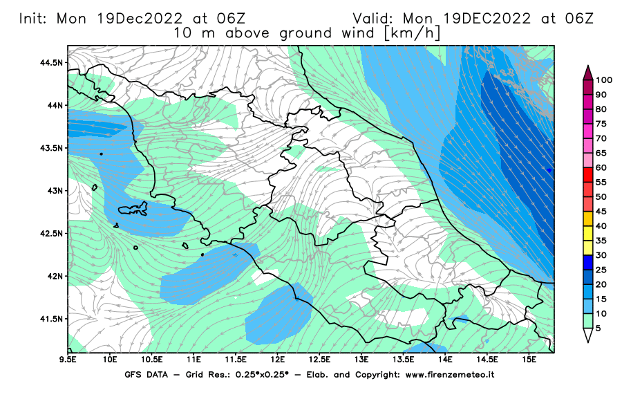 Mappa di analisi GFS - Velocità del vento a 10 metri dal suolo [km/h] in Centro-Italia
							del 19/12/2022 06 <!--googleoff: index-->UTC<!--googleon: index-->