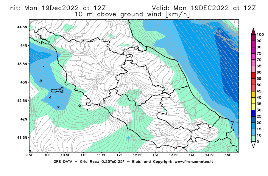 Mappa di analisi GFS - Velocità del vento a 10 metri dal suolo [km/h] in Centro-Italia
							del 19/12/2022 12 <!--googleoff: index-->UTC<!--googleon: index-->