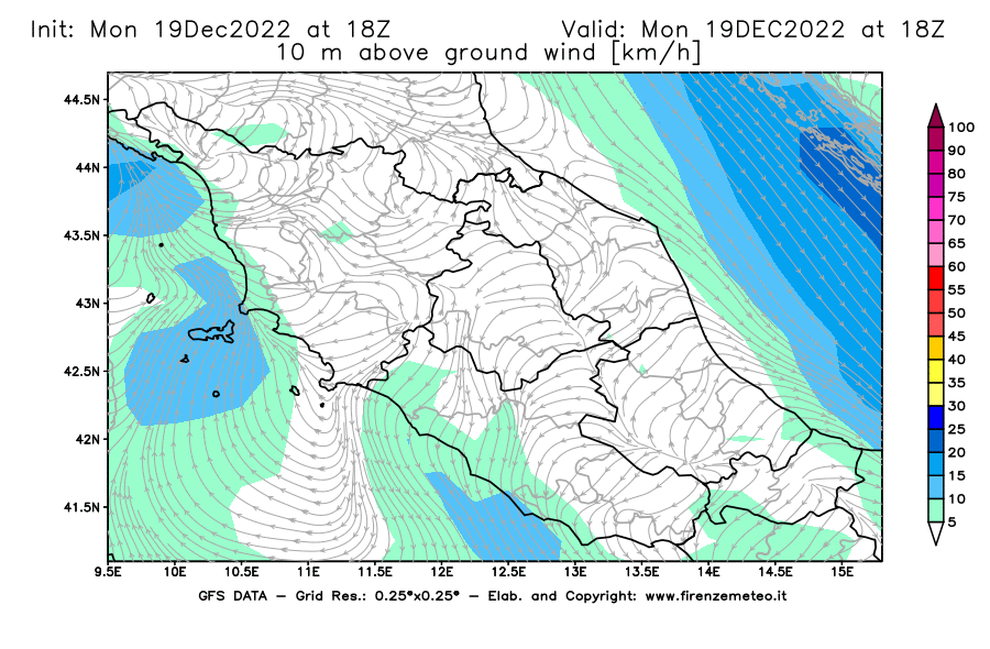 Mappa di analisi GFS - Velocità del vento a 10 metri dal suolo [km/h] in Centro-Italia
							del 19/12/2022 18 <!--googleoff: index-->UTC<!--googleon: index-->