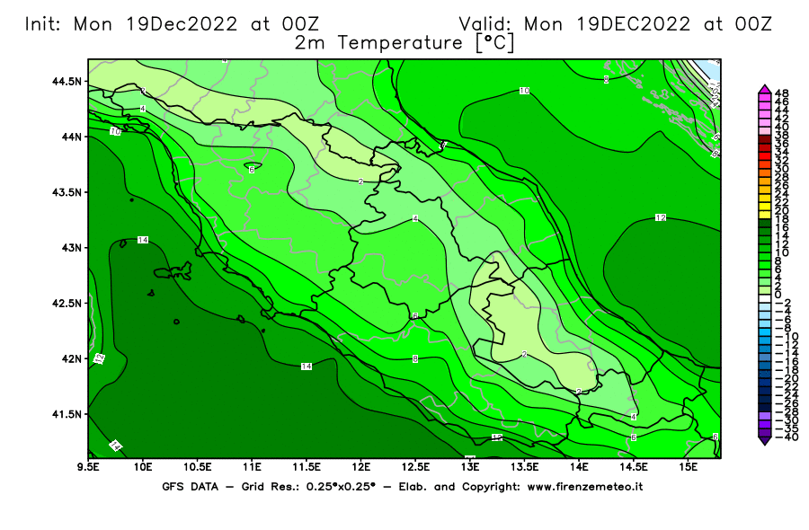 Mappa di analisi GFS - Temperatura a 2 metri dal suolo [°C] in Centro-Italia
							del 19/12/2022 00 <!--googleoff: index-->UTC<!--googleon: index-->