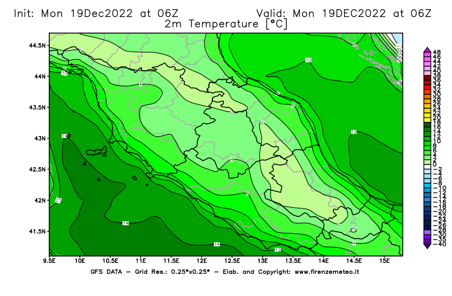 Mappa di analisi GFS - Temperatura a 2 metri dal suolo [°C] in Centro-Italia
							del 19/12/2022 06 <!--googleoff: index-->UTC<!--googleon: index-->