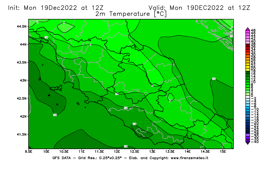 Mappa di analisi GFS - Temperatura a 2 metri dal suolo [°C] in Centro-Italia
							del 19/12/2022 12 <!--googleoff: index-->UTC<!--googleon: index-->