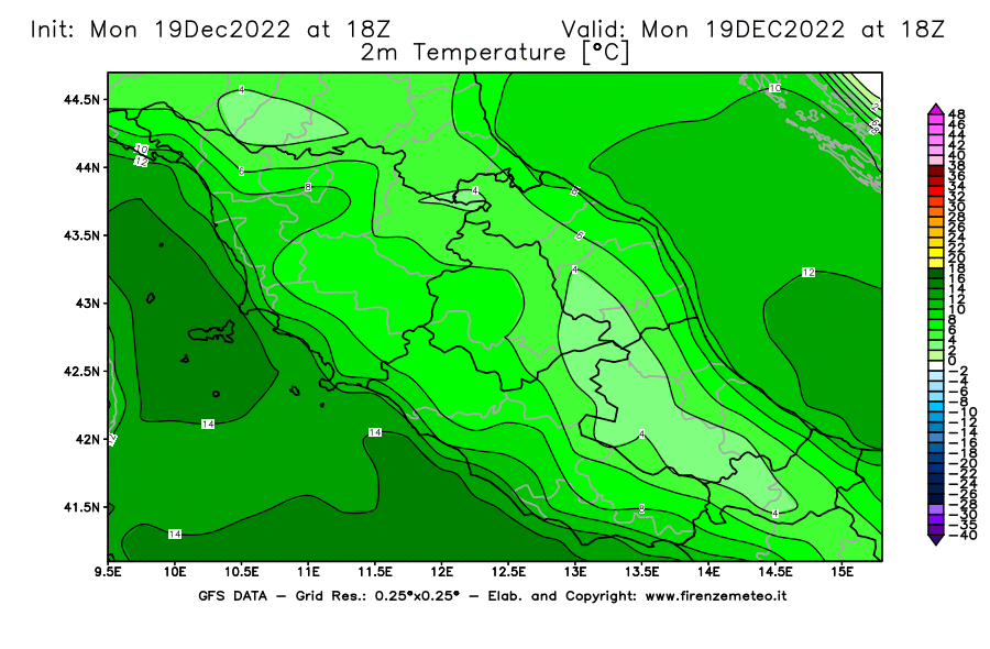 Mappa di analisi GFS - Temperatura a 2 metri dal suolo [°C] in Centro-Italia
							del 19/12/2022 18 <!--googleoff: index-->UTC<!--googleon: index-->