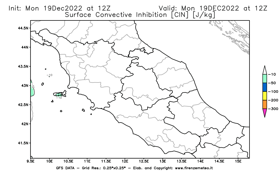Mappa di analisi GFS - CIN [J/kg] in Centro-Italia
							del 19/12/2022 12 <!--googleoff: index-->UTC<!--googleon: index-->
