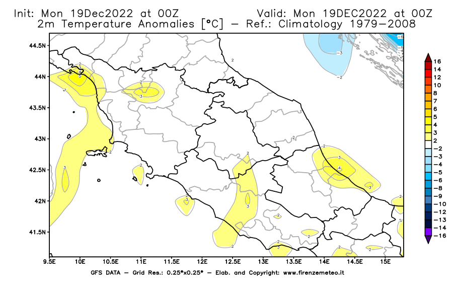 Mappa di analisi GFS - Anomalia Temperatura [°C] a 2 m in Centro-Italia
							del 19/12/2022 00 <!--googleoff: index-->UTC<!--googleon: index-->