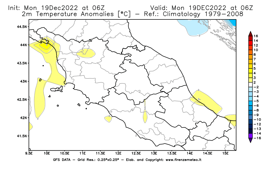 Mappa di analisi GFS - Anomalia Temperatura [°C] a 2 m in Centro-Italia
							del 19/12/2022 06 <!--googleoff: index-->UTC<!--googleon: index-->