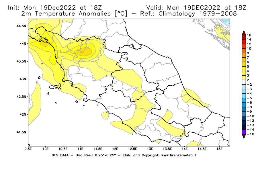 Mappa di analisi GFS - Anomalia Temperatura [°C] a 2 m in Centro-Italia
							del 19/12/2022 18 <!--googleoff: index-->UTC<!--googleon: index-->