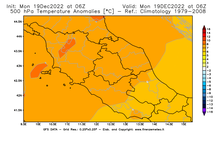 Mappa di analisi GFS - Anomalia Temperatura [°C] a 500 hPa in Centro-Italia
							del 19/12/2022 06 <!--googleoff: index-->UTC<!--googleon: index-->