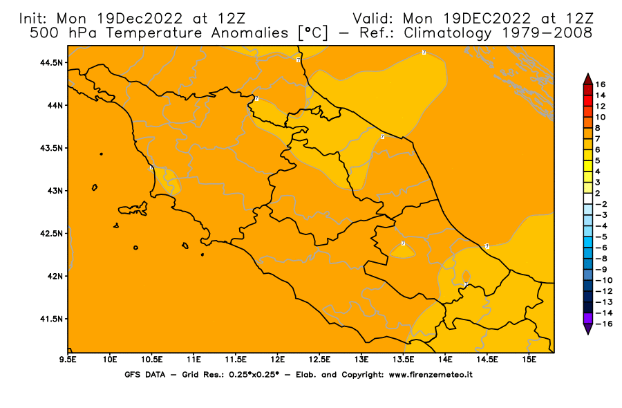 Mappa di analisi GFS - Anomalia Temperatura [°C] a 500 hPa in Centro-Italia
							del 19/12/2022 12 <!--googleoff: index-->UTC<!--googleon: index-->