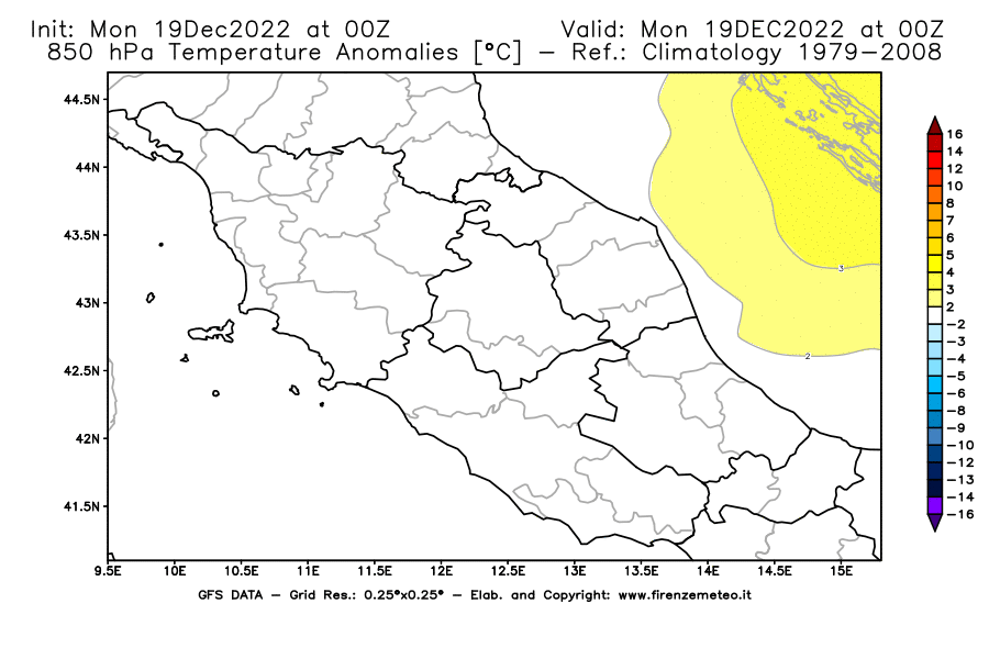 Mappa di analisi GFS - Anomalia Temperatura [°C] a 850 hPa in Centro-Italia
							del 19/12/2022 00 <!--googleoff: index-->UTC<!--googleon: index-->