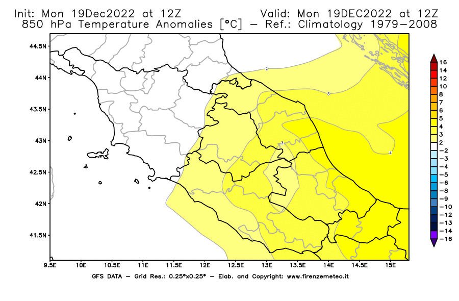 Mappa di analisi GFS - Anomalia Temperatura [°C] a 850 hPa in Centro-Italia
							del 19/12/2022 12 <!--googleoff: index-->UTC<!--googleon: index-->