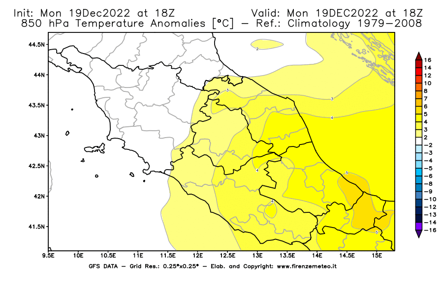 Mappa di analisi GFS - Anomalia Temperatura [°C] a 850 hPa in Centro-Italia
							del 19/12/2022 18 <!--googleoff: index-->UTC<!--googleon: index-->