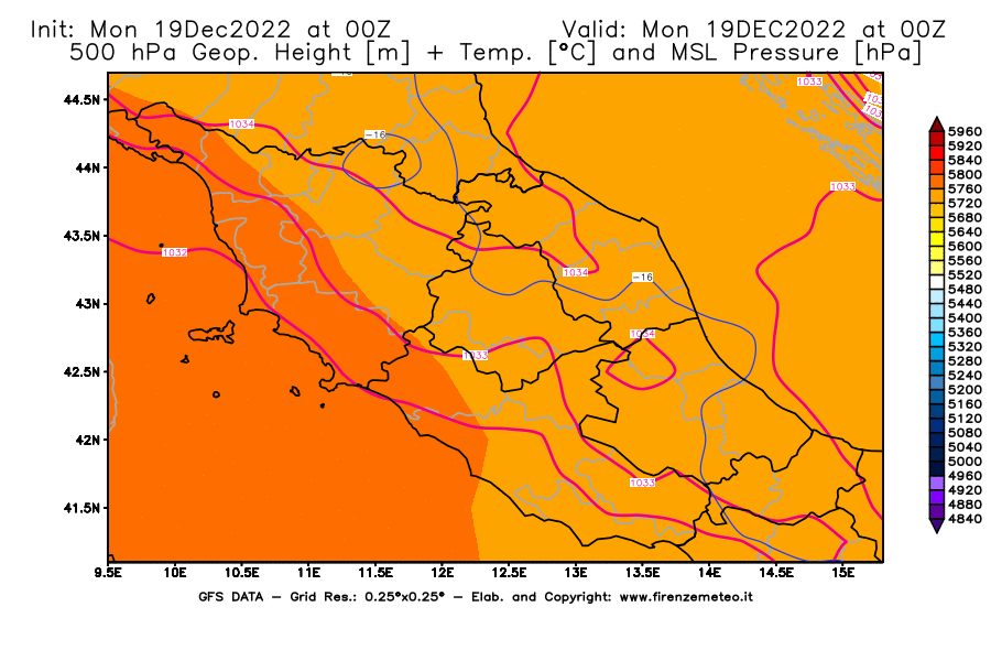 Mappa di analisi GFS - Geopotenziale [m] + Temp. [°C] a 500 hPa + Press. a livello del mare [hPa] in Centro-Italia
							del 19/12/2022 00 <!--googleoff: index-->UTC<!--googleon: index-->